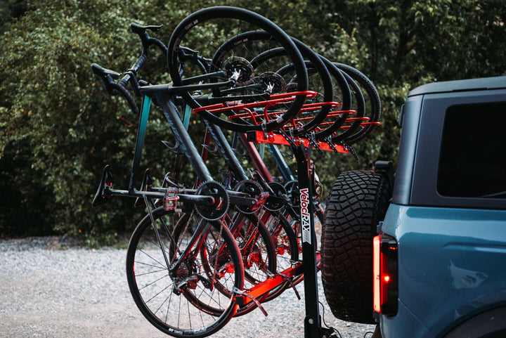 loaded hitch bike rack with 5 bikes